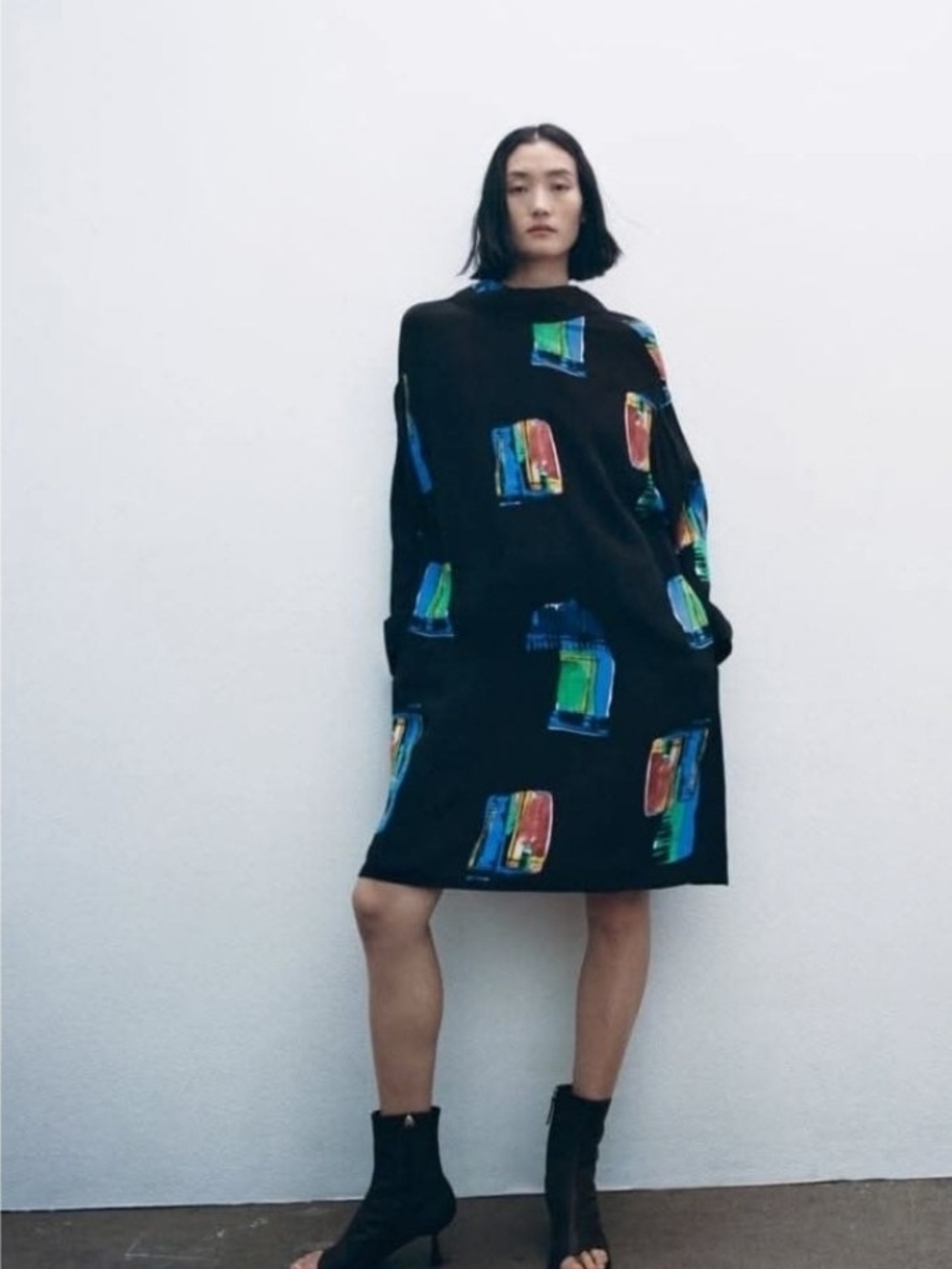 Zara Black Mini Dress with Multicolor Brushstroke Motif